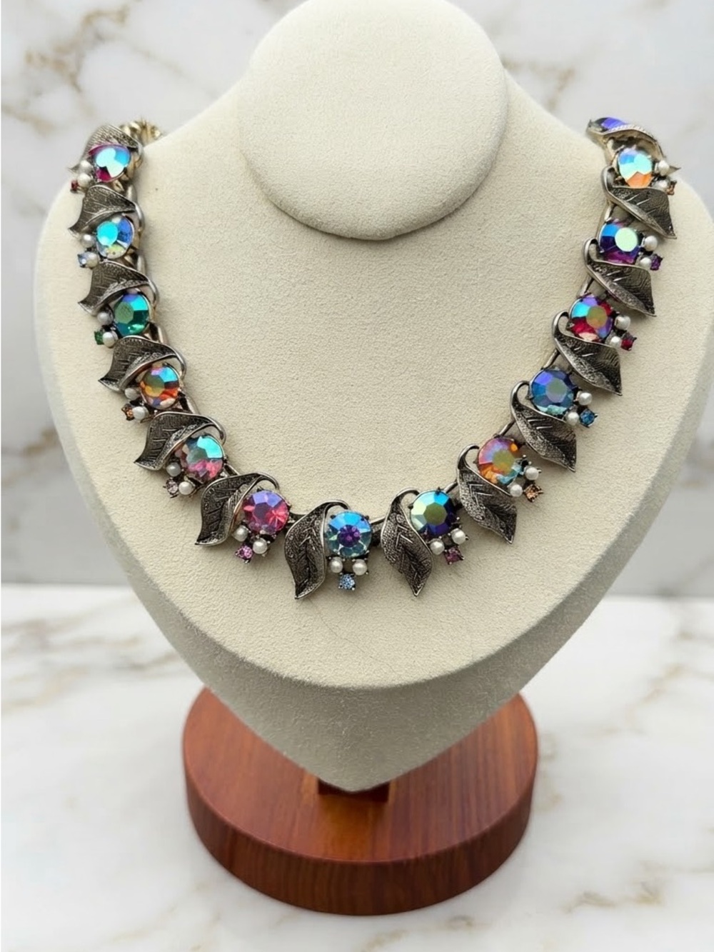 Vtg 1950s Coro Unsigned Aurora Borealis Leaf Choker Collar Necklace Iridescent